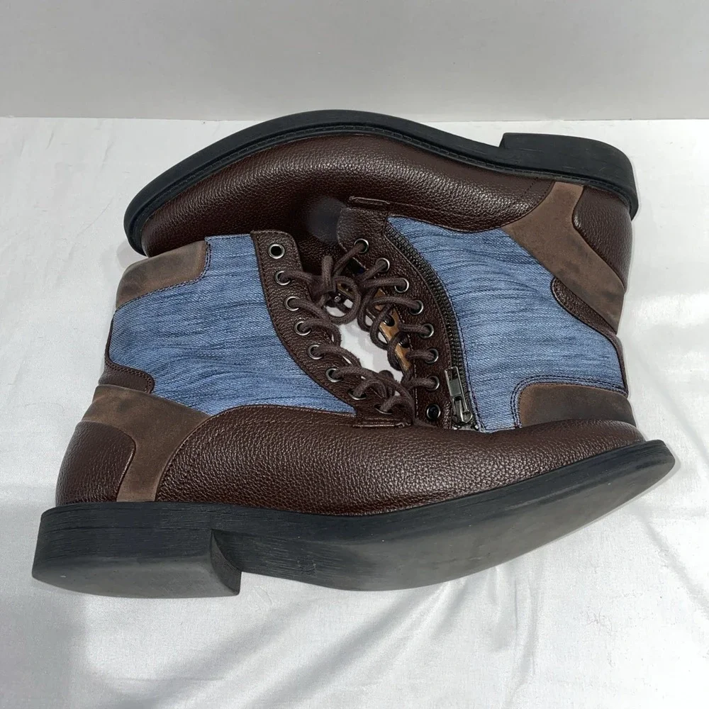 Guess Jadon Mens Brown Pebbled Boots Blue Denim Panels Side Zip GNJADON-R Size 9